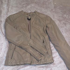 Tan leather moto jacket with knit trim